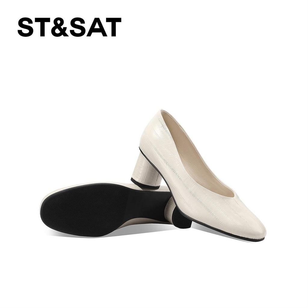 St&Sat/Saturday Shallow Spring Single Shoes with Mid Heel and One Step Style Women's Shoes with Square Head and Thick Heel, Mary Jane