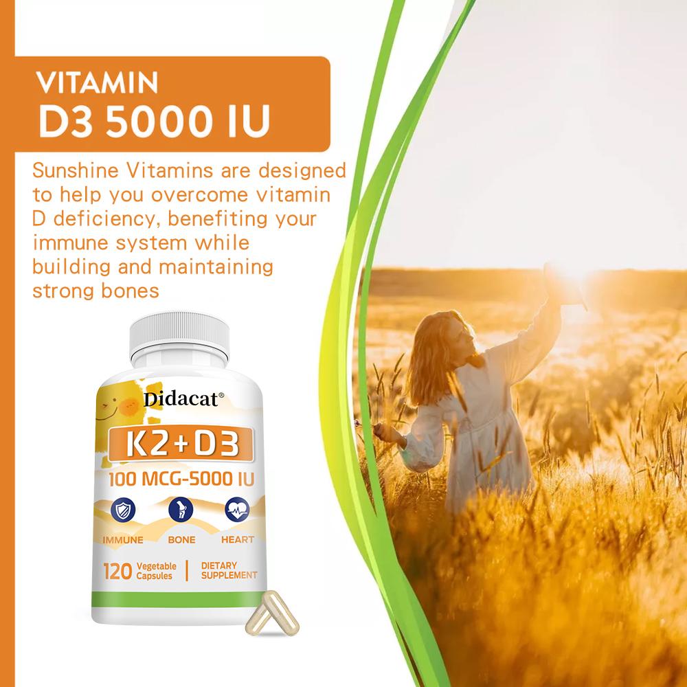 Didacat Vitamin K2 + D3 100 MCG 5000 IU, 120 Vegetable Capsules Bone and Heart Support