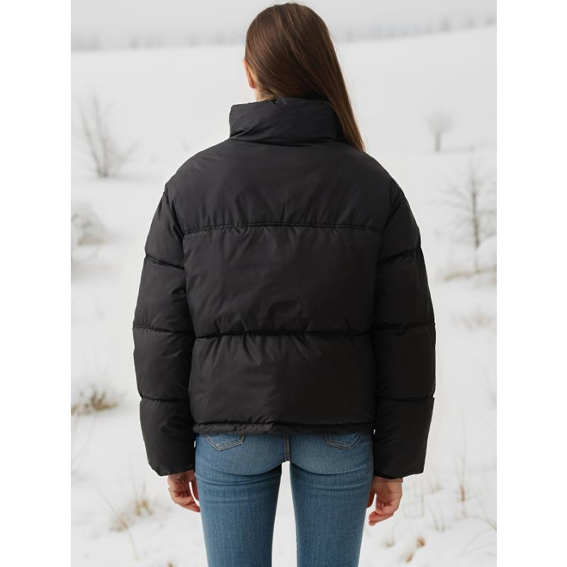 Женское осенне-зимнее стеганое теплое однотонное короткое хлопковое пальто с воротником-стойкой