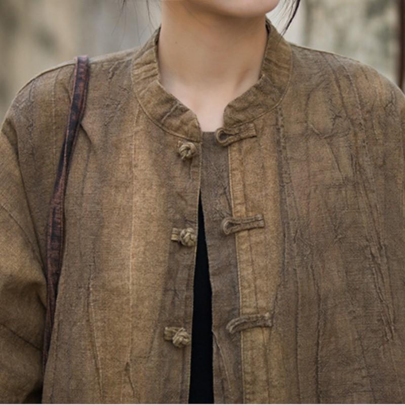 Женские винтажные рубашки-рубашки из рами, куртки-стойки с длинным рукавом, высококачественные пальто, осенние свободные женские куртки на пуговицах