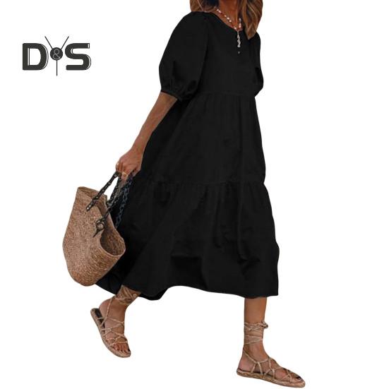 Женское летнее платье миди с короткими рукавами-фонариками и круглым вырезом, льняное платье, свободное повседневное бохо-пляжное платье