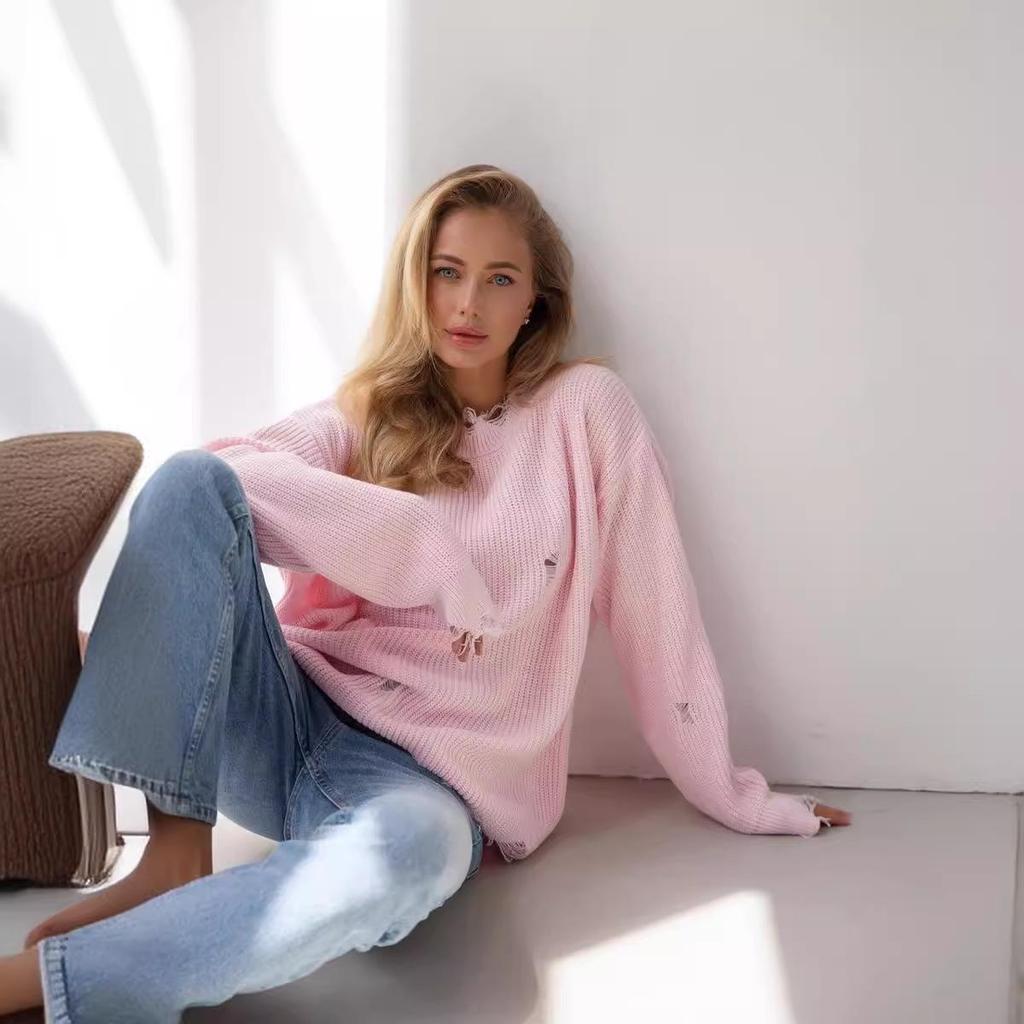 Autumn Winter Vintage Loose Long Sleeve Top Blocked Color Pullover Knitwear O-Neck Sweater