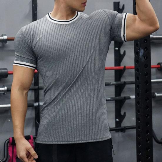 Men's Elastic Muscle T-Shirt Round Neck Short Sleeve Fitness Top Slim Fit Casual Running Tee for Sports Gym Outdoors