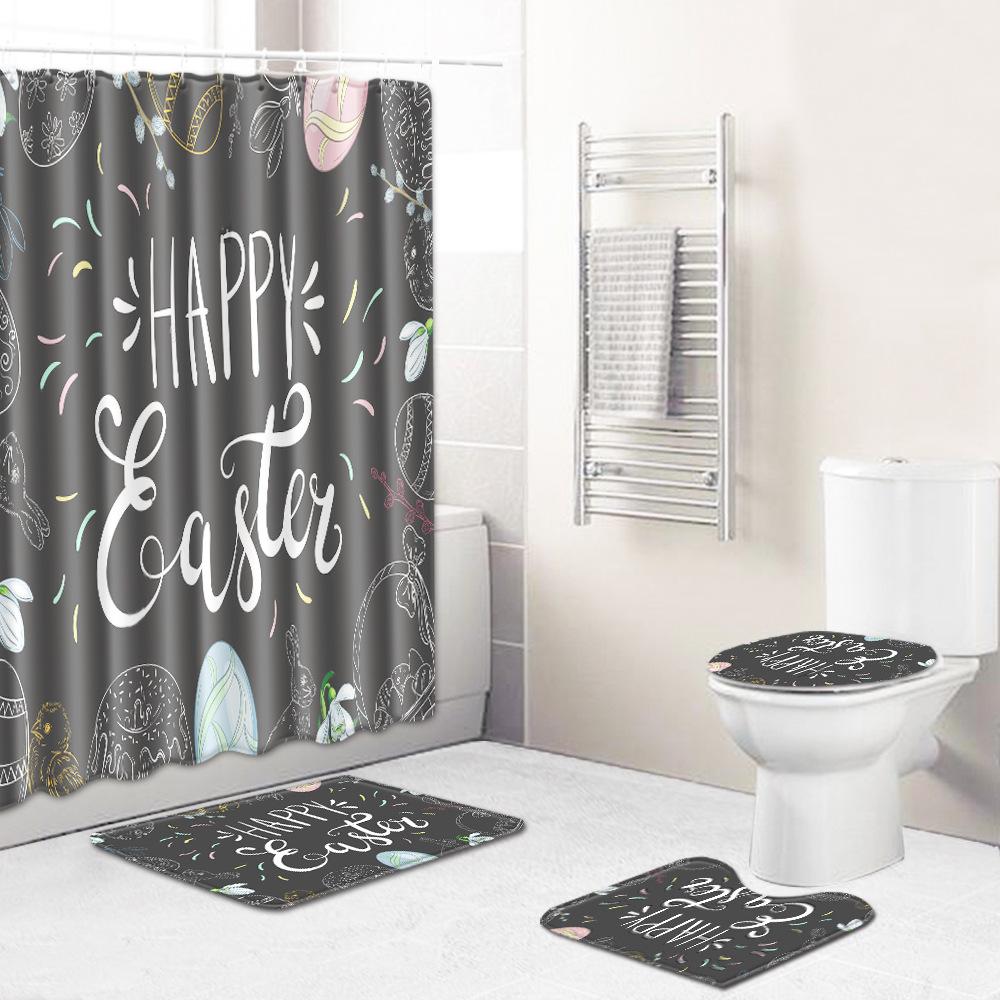 Easter Bunny Shower Curtain Floor Mat Four-Piece Set Bathroom Toilet Carpet Shower Room Mat Foot Mat