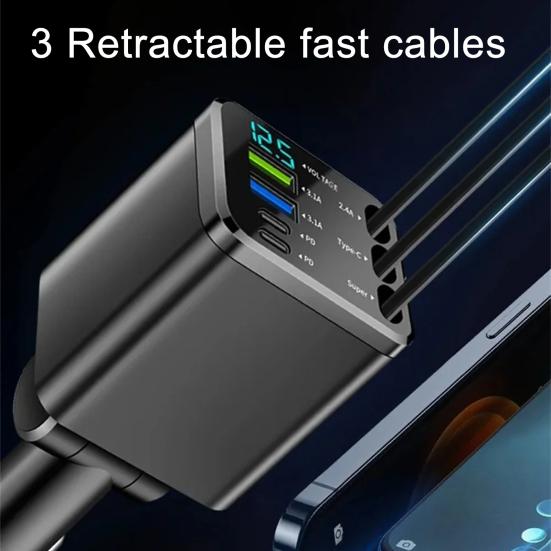 7-в-1 Выдвижная автомобильная зарядка Быстрая зарядка Автомобильный адаптер с цифровым дисплеем 2 порта USB