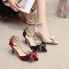 Fashion 2024 Spring Summer Autumn New Pointed High Heels Thin Heels Shallow Mouth One Line Buckle Hollow Satin Bow Tie Women's Shoes