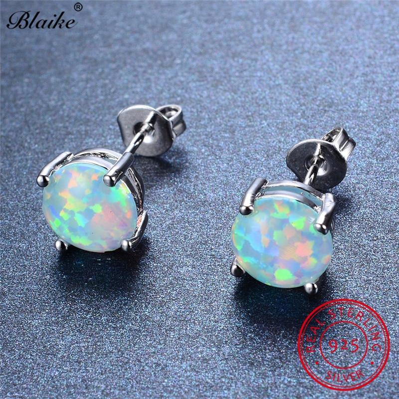 925 Sterling Silver White Fire Opal Stud Earrings for Women Fine Jewelry 8mm Round Stone Studs Birthstone Earrings