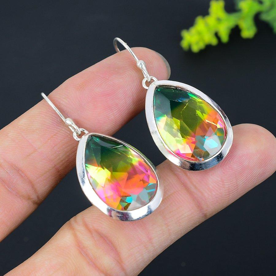Bi-Color Tourmaline Gemstone 925 Sterling Silver Gift Jewelry Earring 1.65" H4H16