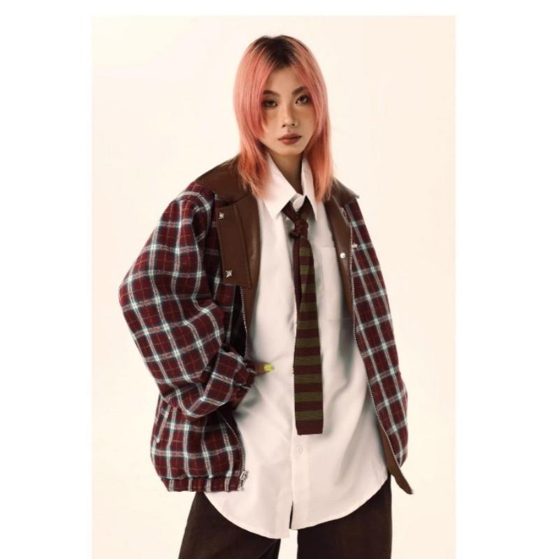 American Retro Brown Leather Jacket, Men's and Women's Autumn/winter Double-sided Jacket, Maillard Loose Plaid