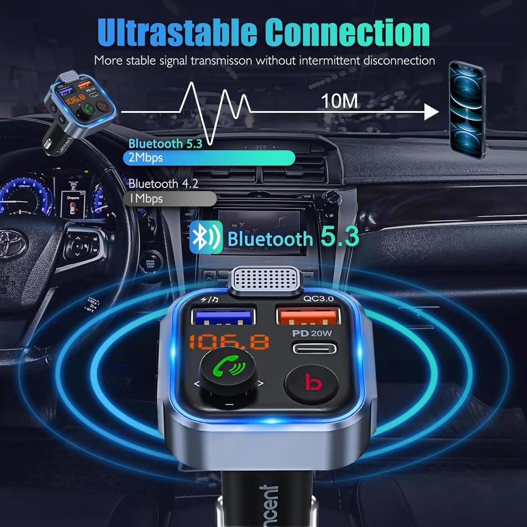 Быстрое автомобильное зарядное устройство с FM-передатчиком Bluetooth 5.3 - USB-C PD и QC3.0 для iPhone/Samsung