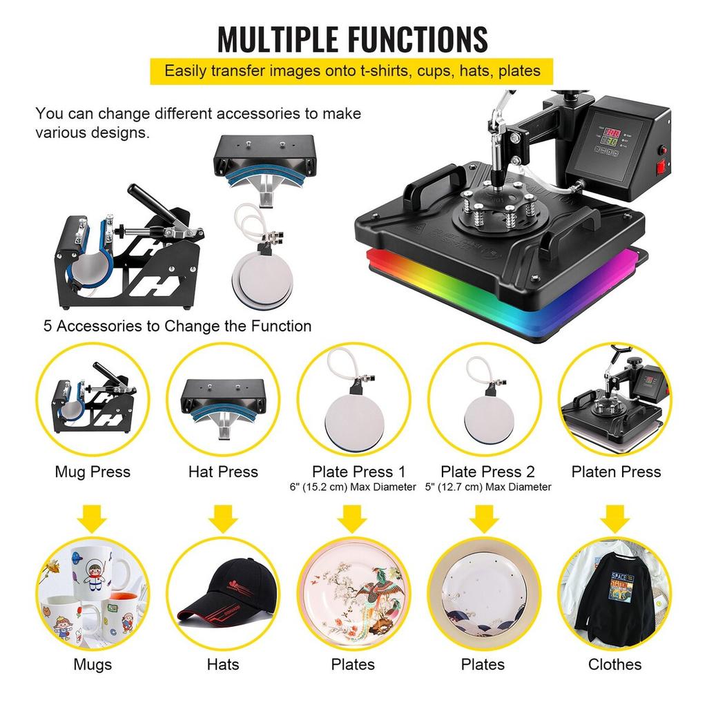 Heat Press 5 in 1 Heat Press Machine 38x30cm T-shirt Press Mug Printing Machine Multifuctional Heat Transfer Machine for T-shirt Mug Hat Plate