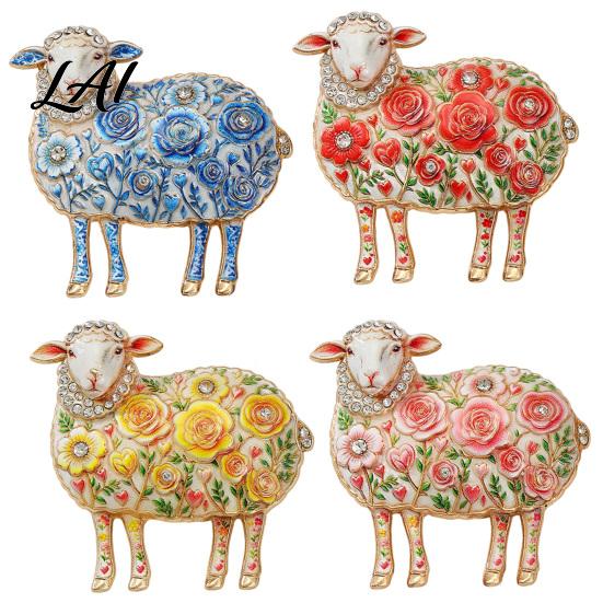 Lamb Brooch Pin Rhinestone Floral for Women Flower Sheep Alloy Lapel Decorative Pin Animal Jewelry Clothing Suits Scarves Bags