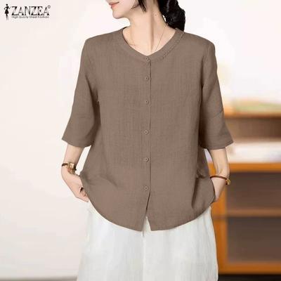 Женская повседневная однотонная свободная блузка с круглым вырезом и рукавом 3/4