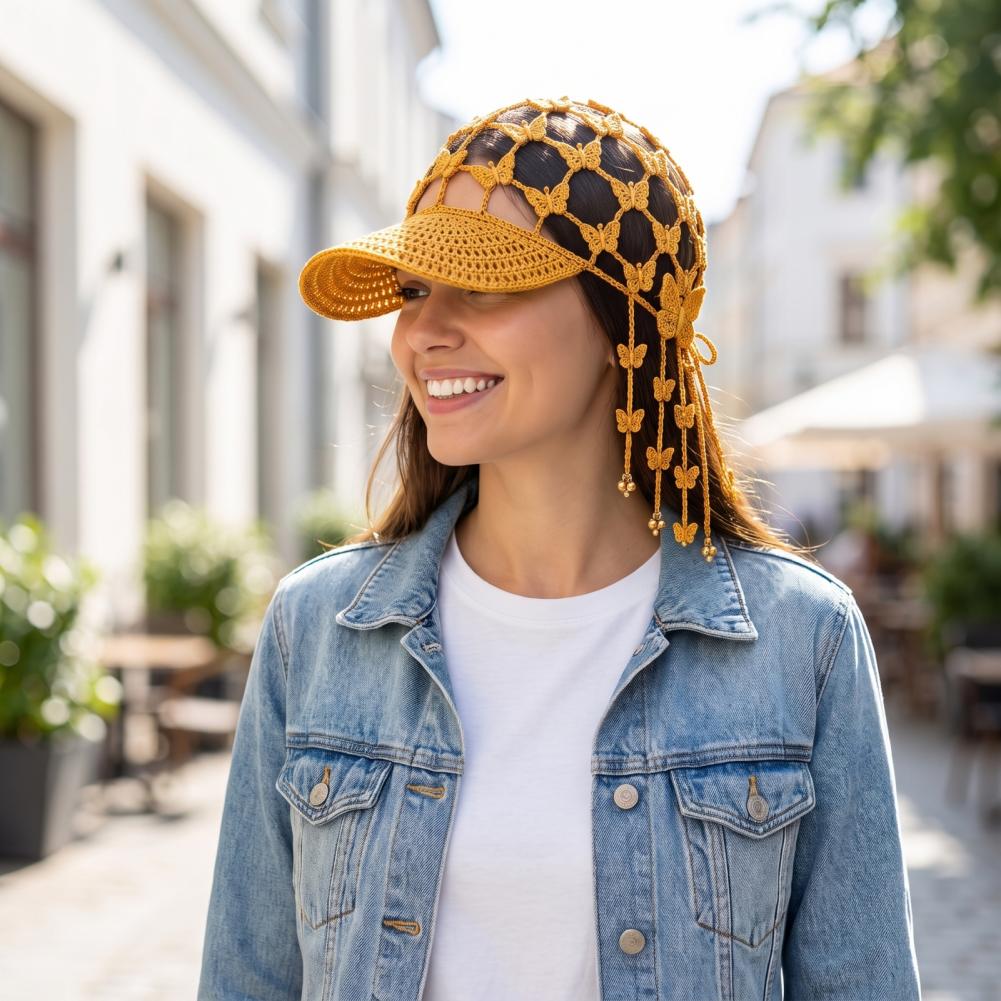 Bohemian Crochet Baseball Cap for Women Boho Crochet Baseball Cap with Tassels Breathable Knitted for Summer for Holiday