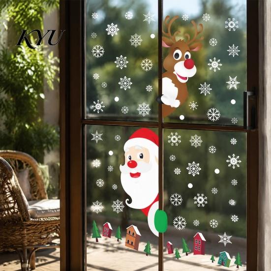 Removable Window Stickers 4Pcs Christmas Santa Claus & Reindeer Static Clings with Snowflake, PVC Decals, Festive Storefront Decor Reusable Glass for