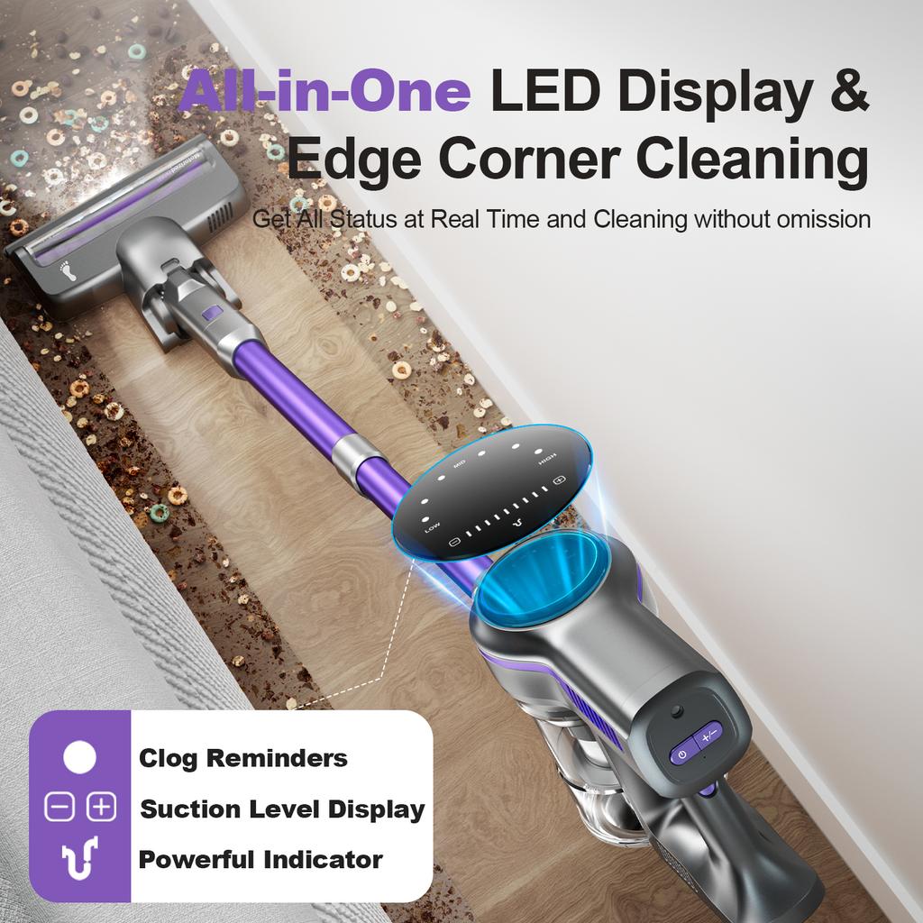 INSE S7P Purple Cordless Stick Vacuum Cleaner with LED Display and Soft Roller Brush