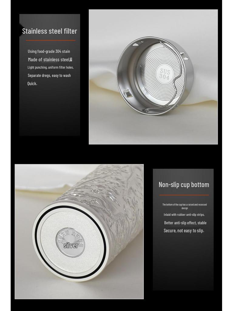 Pure Silver 9999 Thermal Water Cup - Nine Dragon, Hundred Blessings, Dragon & Phoenix Design