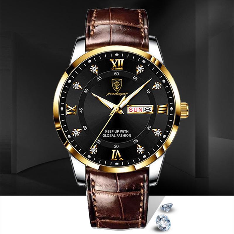 2022 Лучшие новые модные мужские часы, светящиеся водонепроницаемые тонкие часы с двойным календарем, кожаные мужские автоматические часы с бриллиантами