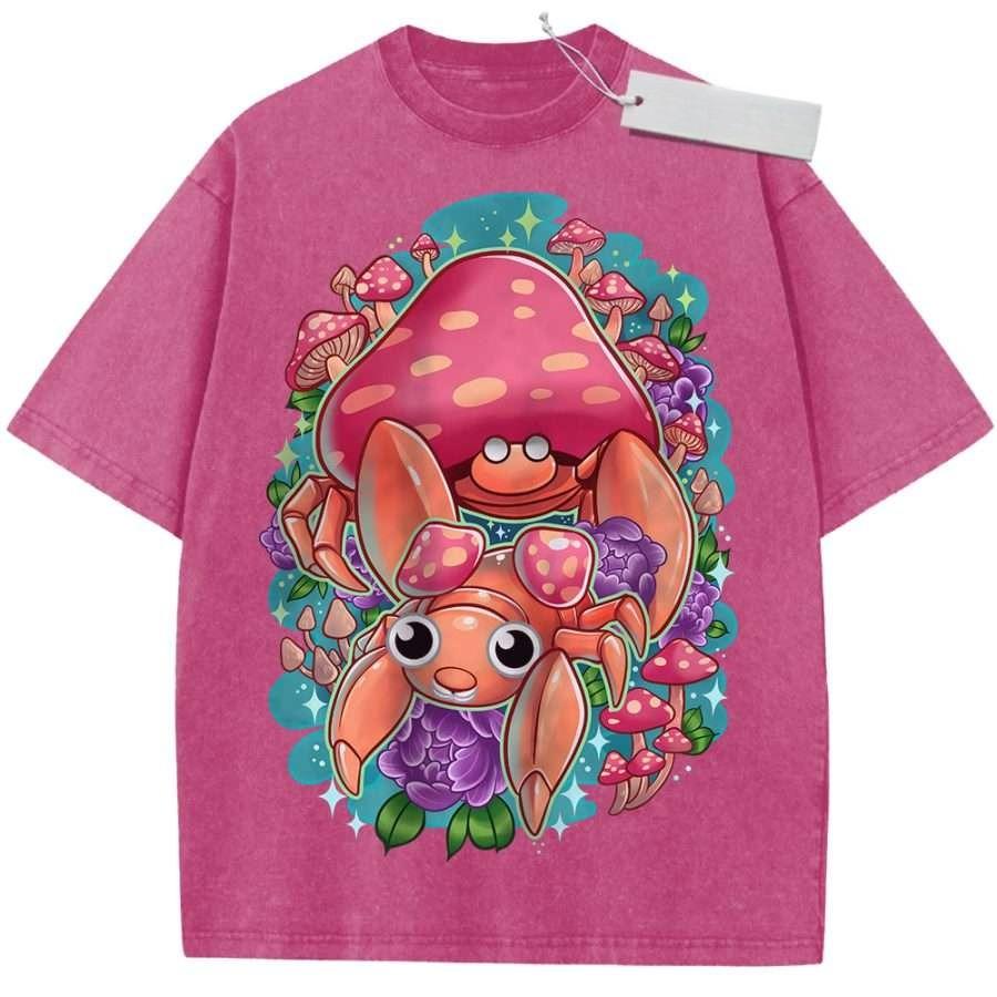 Unisex Washed Pink Vintage T Shirt Fairy Tale Mushroom Crab High Quality Fabric for Home Leisure Travel Shopping