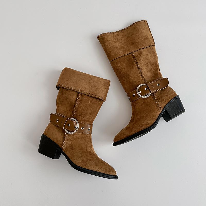 Винтажные ковбойские сапоги на толстом каблуке, осенние женские зимние модные нишевые замшевые ботильоны с острым носком, с широким голенищем, средней высоты