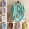 Women's Fashion Round Neck Short Sleeve T-shirt Casual Cotton Linen Graphic Shirt Leisure Loose Owl Prined Summer Blouse Tops