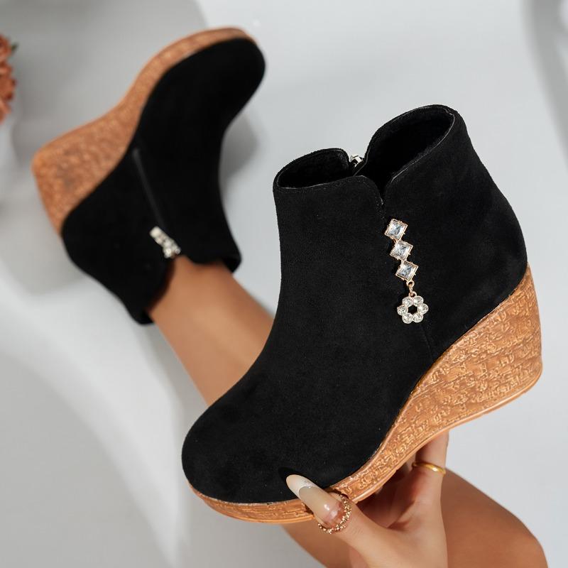Naked Boots Осень Зима Новая Мода Клиновидный Круглый Носок Молния Стразы Платформа Нескользящие Хлопковые Сапоги