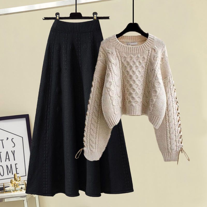 Осень-зима женские юбки костюмы пуловер вязаный свитер трикотажная юбка комплект из двух частей эластичный свитер с круглым вырезом юбка-трапеция наряды