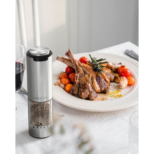 CIRCLE JOY Electric Pepper Mill, Stainless Steel, External Thickness Adjustment, 95ml Container, Storage Base, White LED Light, Set of 2, Silver