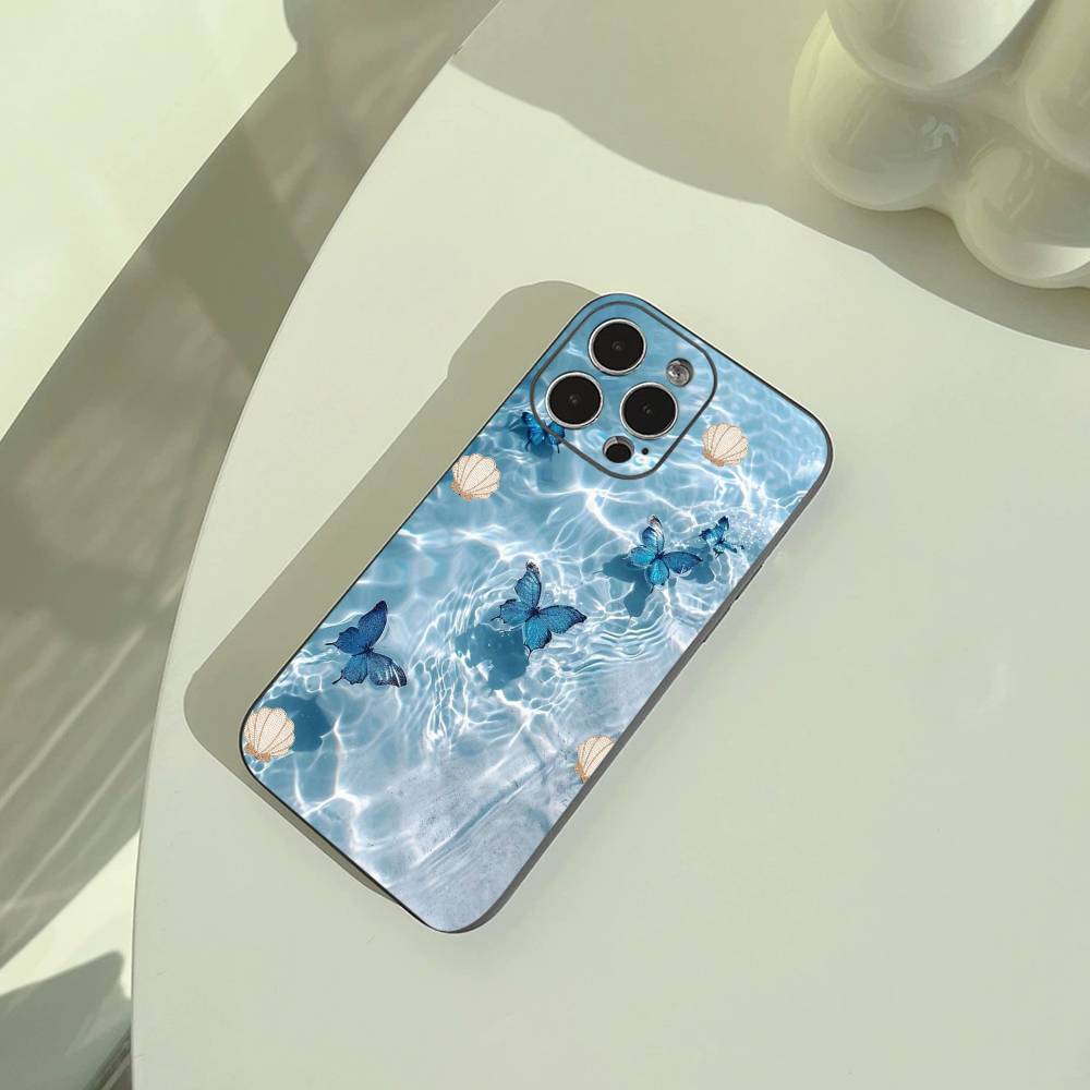 Синяя бабочка Волна океана Чехол для телефона Для iPhone 17,16,15,14,13,12,11 Pro Max,16/15/14Plus,XS Мягкий черный чехол