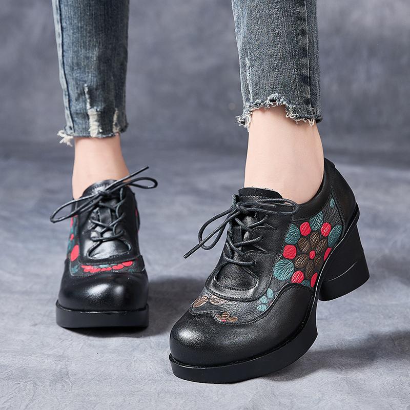 Fashion GKTINOO 2025 Autumn Winter New Retro Printed High Heels Genuine Leather Pumps Mixed Colors Flower Lace-up Women's Shoes