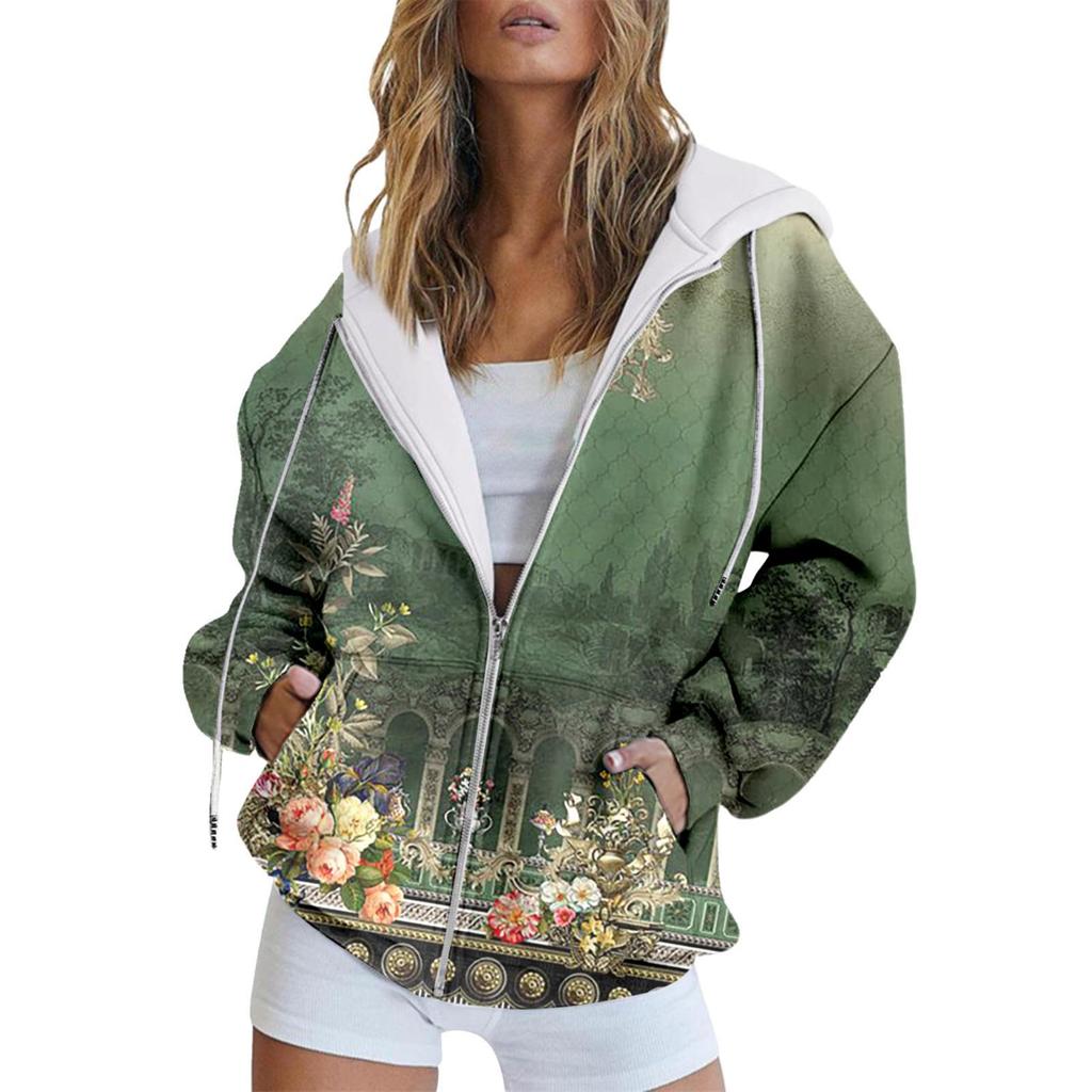 Зимняя толстовка с капюшоном с принтом, спортивная одежда, пальто для женщин, толстовки с капюшоном на молнии и 3D-карманом, осенняя женская одежда