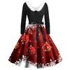 Women Vintage Long Sleeve Christmas Print 1950s Housewife Evening Party Prom Dress