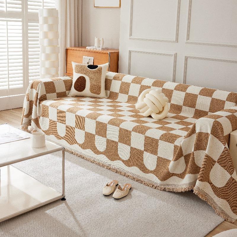 Шенильное покрывало для дивана в черно-белую клетку, подушка для дивана, универсальное простое черное покрывало-накидка на спинку, пылезащитная ткань