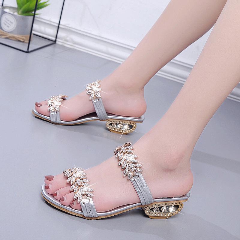 Женские летние босоножки на среднем каблуке со стразами — корейский стиль, большой размер 41, идеально подходят для студенток и мам из-за рубежа