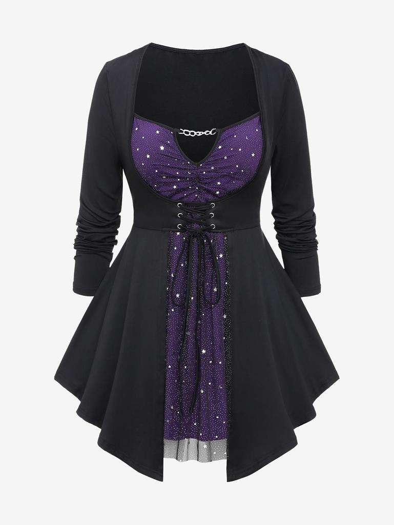 Футболка Rosegal Plus Size со звездами, шнуровкой, вырезом, цепочкой, длинными рукавами, 2 в 1