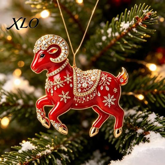 Durable Hanging Collection Acrylic Goat Christmas Tree Pendant, Decorative Ornament with Xmas Pendant Rhinestone, Golden Cord for New Year Party