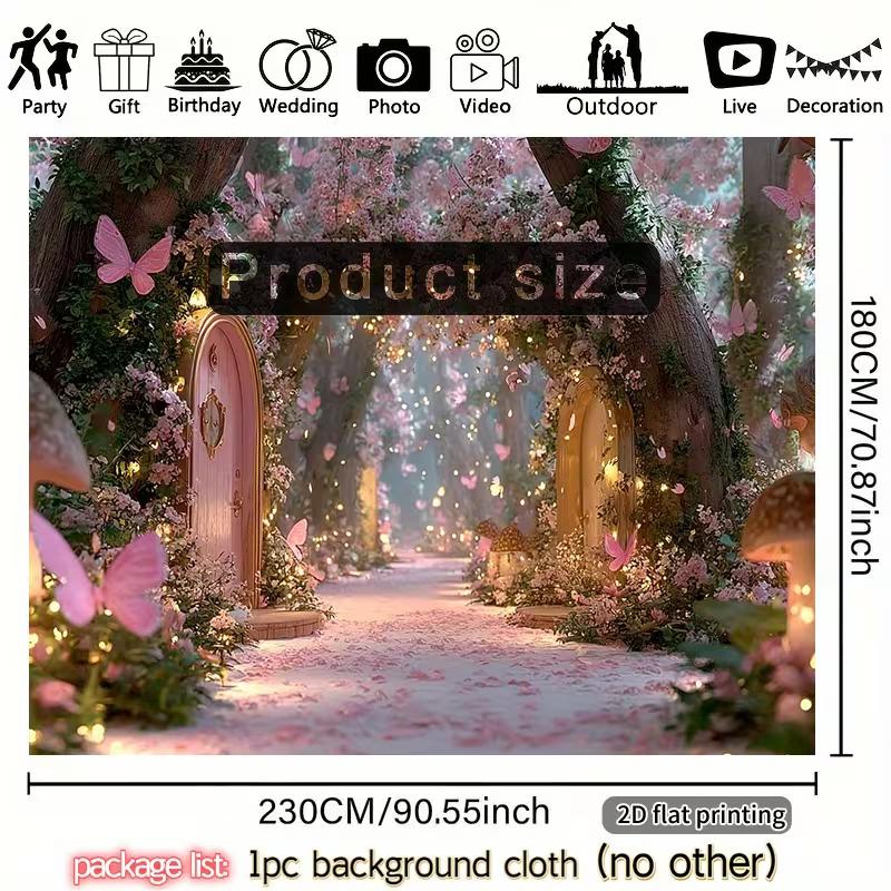 2D Flat Magic Garden Banner, Dreamy Floral Tunnel with Lights Background for Birthday & Party Photoshoot