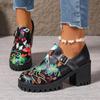 Spring and Autumn Round Head High Heel Fashion Single Shoes Women's Printing Multi-color Belt Buckle Thick Heel Women's Shoes