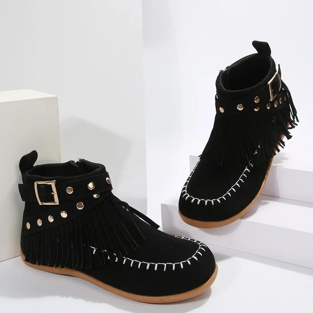 Модные зимние женские ботинки в стиле ретро с кисточками, застежкой-молнией сбоку, заклепками, плоские туфли, удобные нескользящие ботинки с круглым носком для женщин, размер 43