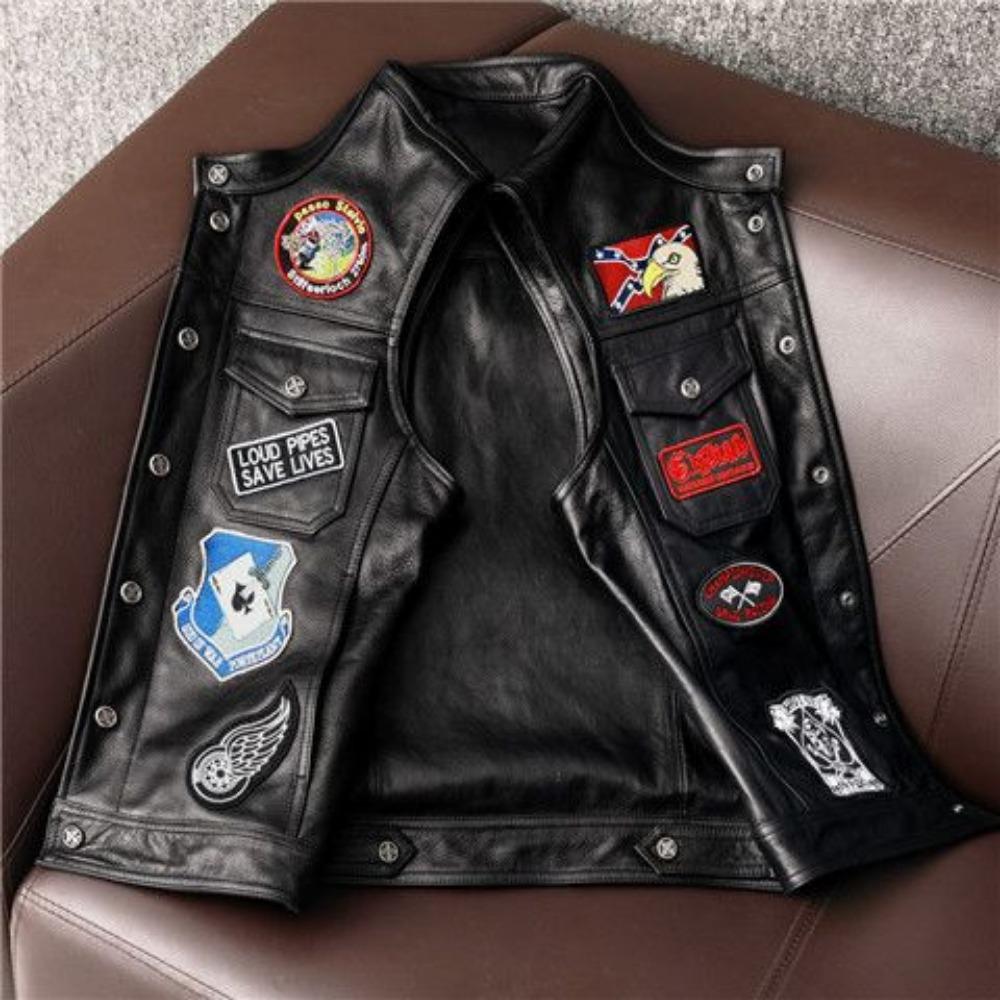 Leather Vest Men's First Layer Cowhide Embroidery Multi-standard Motorcycle Riding Suit Vest Wearing Trend