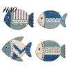Geometric Pattern Wall Hangings 4PCS Wooden Fish Decoration, Rustic Mediterranean Style Hanging Plaques, Blue White Distressed Seaside Interior