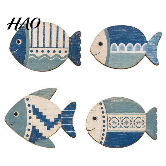 Geometric Pattern Wall Hangings 4PCS Wooden Fish Decoration, Rustic Mediterranean Style Hanging Plaques, Blue White Distressed Seaside Interior