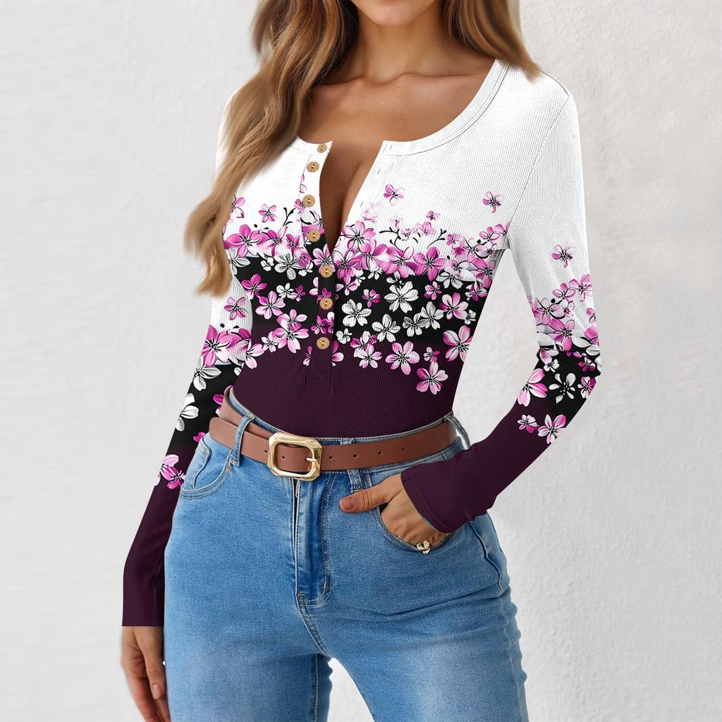 Women's Slim Bottom T-shirt Fashion Casual Gradient Printing Round Neck Pullover Long Sleeve Top