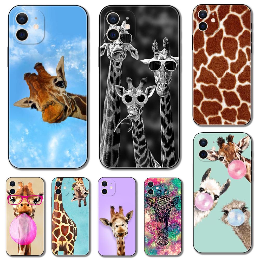 Чехол для телефона с милым мультяшным жирафом и животным для iPhone 5S 2020se 6 6s 7 8 plus x 10 XR XS 11 12 13 mini pro MAX, черная задняя крышка из ТПУ