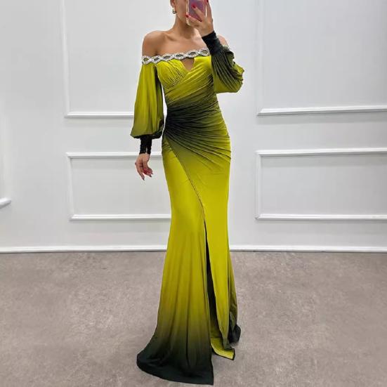 Женское вечернее платье с открытыми плечами, ажурное свадебное платье со стразами, обтягивающее плиссированное выпускное платье макси с длинными рукавами-фонариками и разрезом по низу, бальное платье