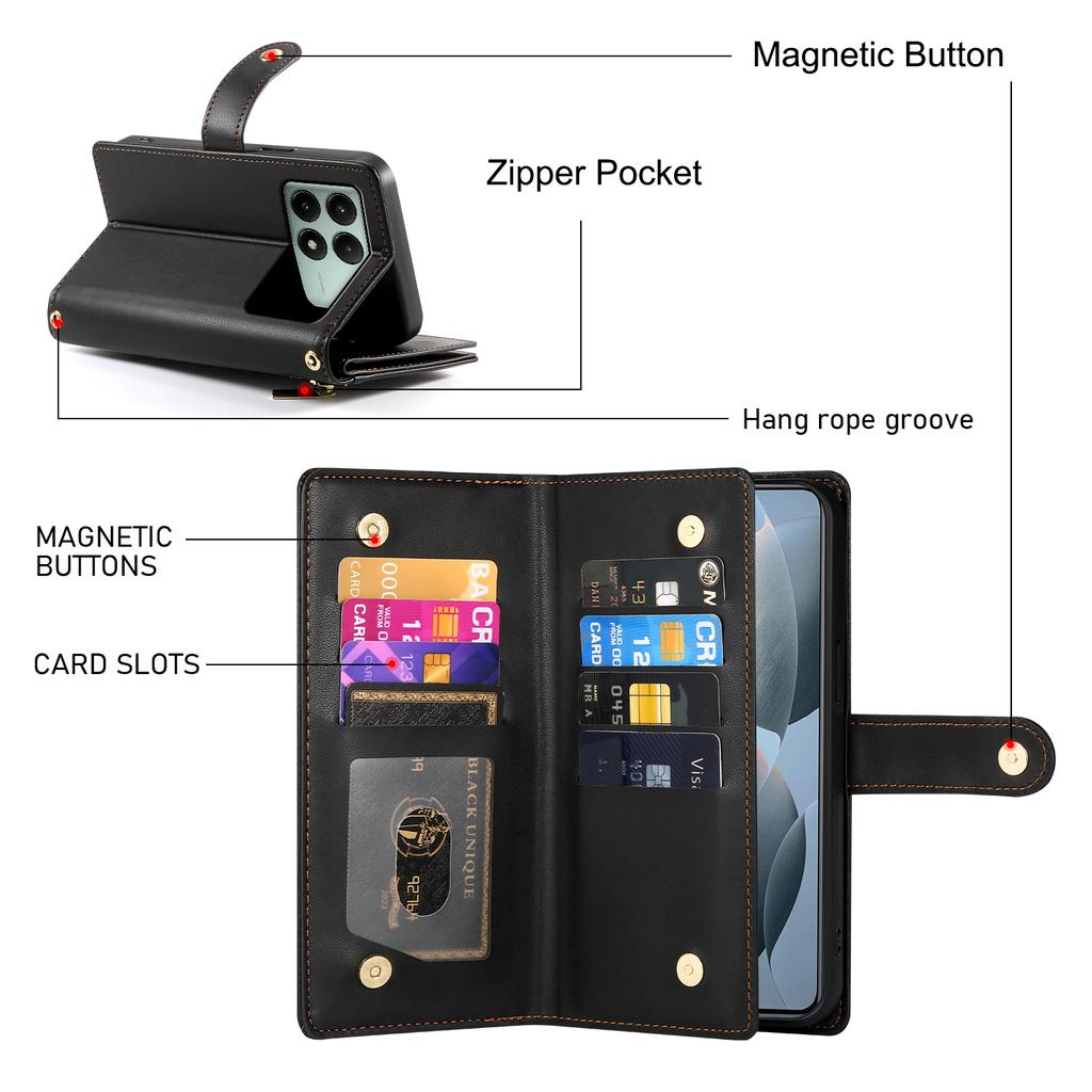 DF-011 For Xiaomi Poco X6 Pro 5G/Redmi K70E 5G Leather Case Zipper Wallet Multiple Card Slots