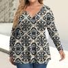 Women's Plus Size Shirt Long Sleeve  Print Top Pleated Casual V-Neck Top