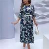 Модное европейско-американское печатное платье макси с длинным рукавом и круглым вырезом с поясом, женская одежда