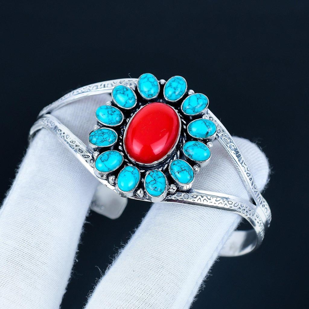 Бирюзовый драгоценный камень Ручная работа Манжета-браслет 925 стерлинговое серебро Манжета-браслет, Браслет в форме цветка из красного коралла для жены, Унисекс браслет