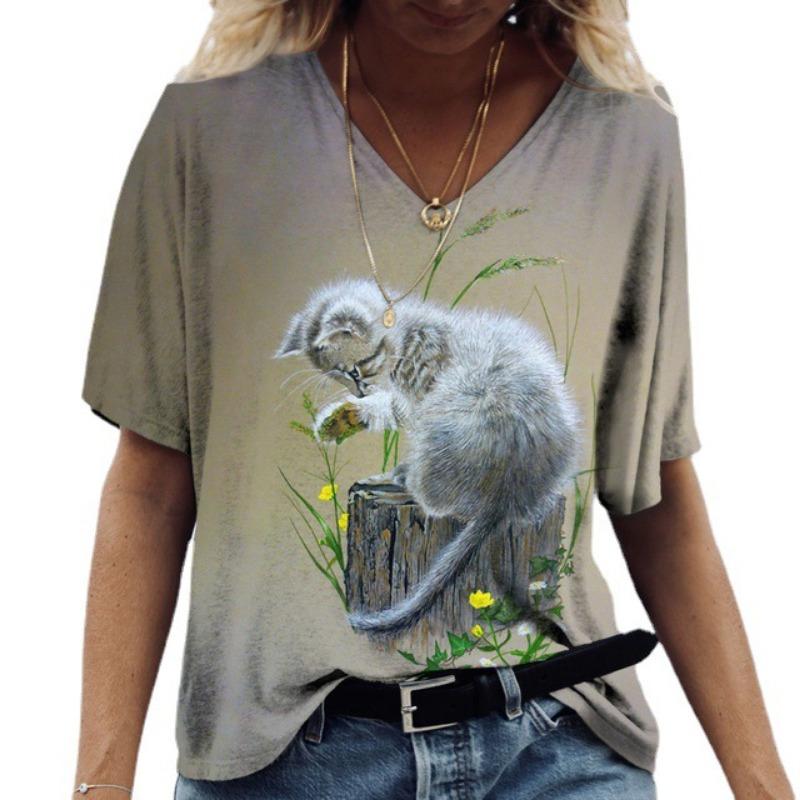 Женская уличная мода футболка с рисунком кота 3D печать короткий рукав универсальная повседневная свободная женская одежда с V-образным вырезом